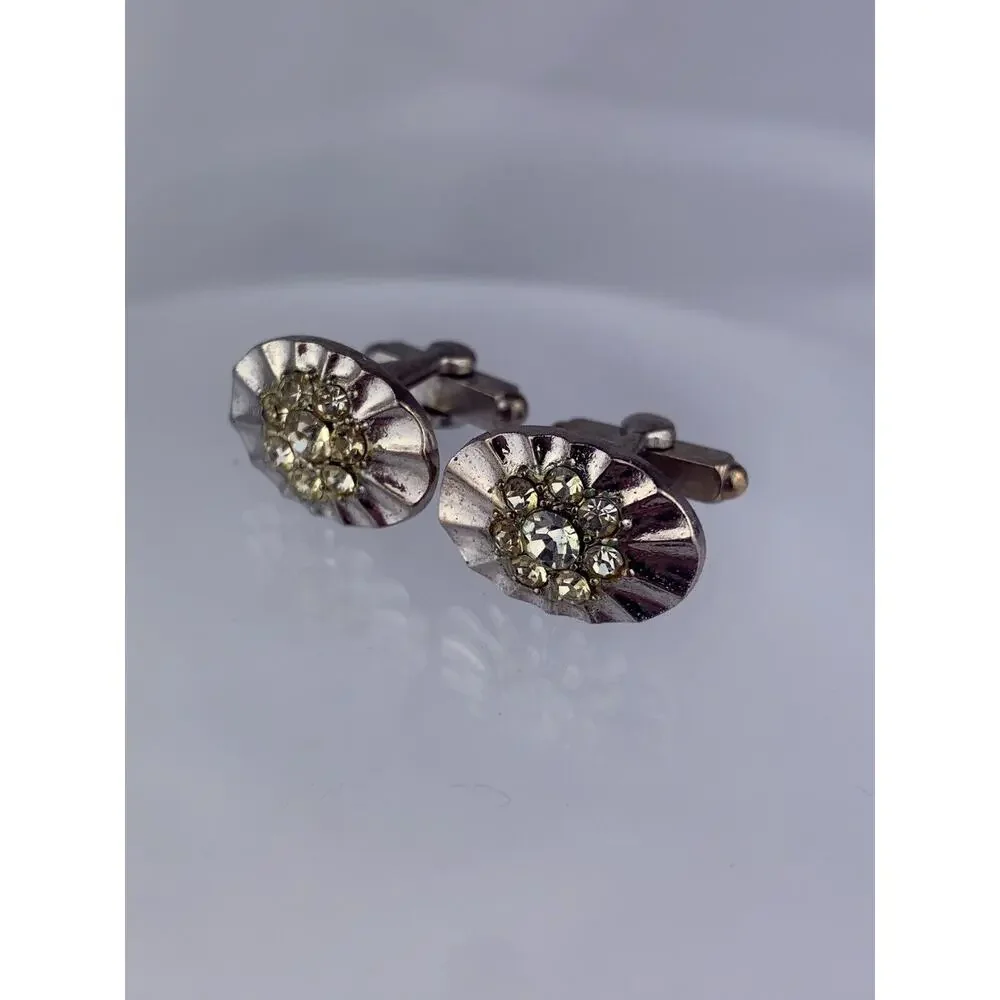 Crystals Cluster Silver Tone Cufflinks Small Sparkle Rays Ruffles Vintage